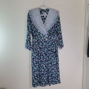 Vintage LESLIE FAY Petite Collections Floral Faux Wrap Dress Size 8